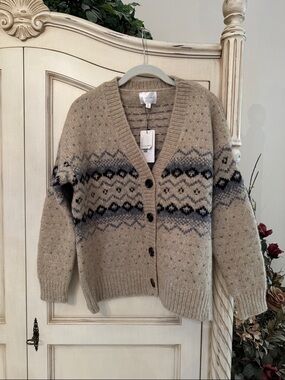 Line & Dot Beige Fair Isle Knit Cardigan with Navy Accents